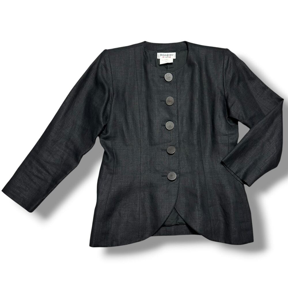 Vintage Yves Saint Laurent Rive Gauche 80s 90s Blazer Black Linen YSL Sz 42 US 8